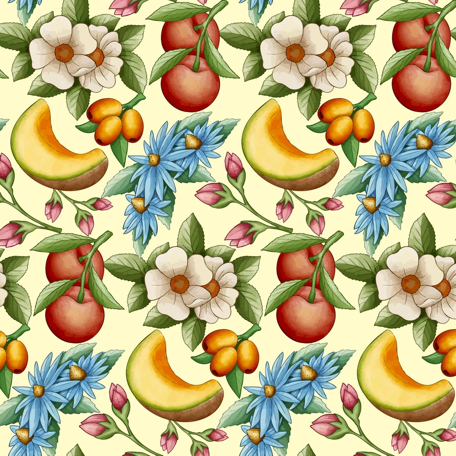 手绘水粉水果植物花朵树叶元素无缝背景图片插画AI矢量设计素材【013】